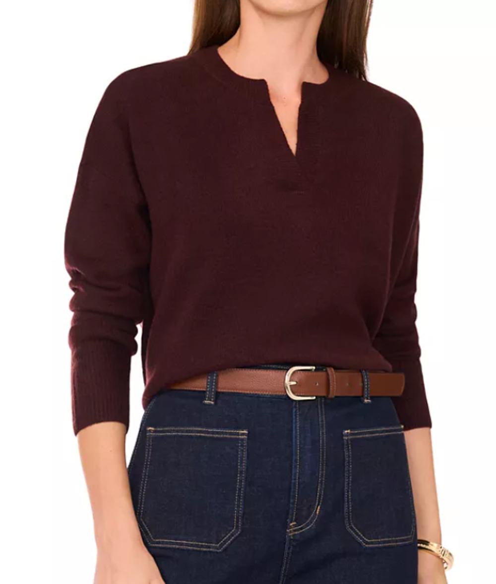 Vince Camuto Women's Cozy V-Neck Drop-Shoulder Sweater Port M